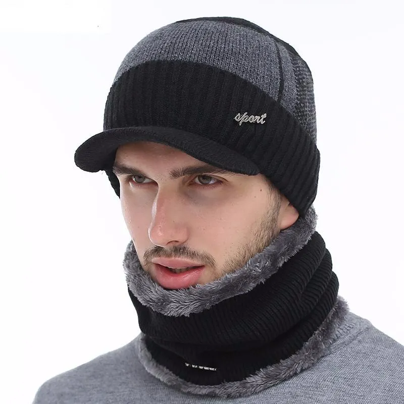 Winter Knitted Beanie Cap With Collar Scarf For Men - Black,Gray,Navy