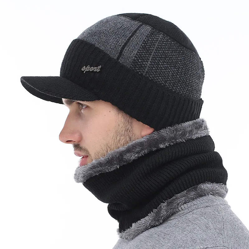 Winter Knitted Beanie Cap With Collar Scarf For Men - Black,Gray,Navy