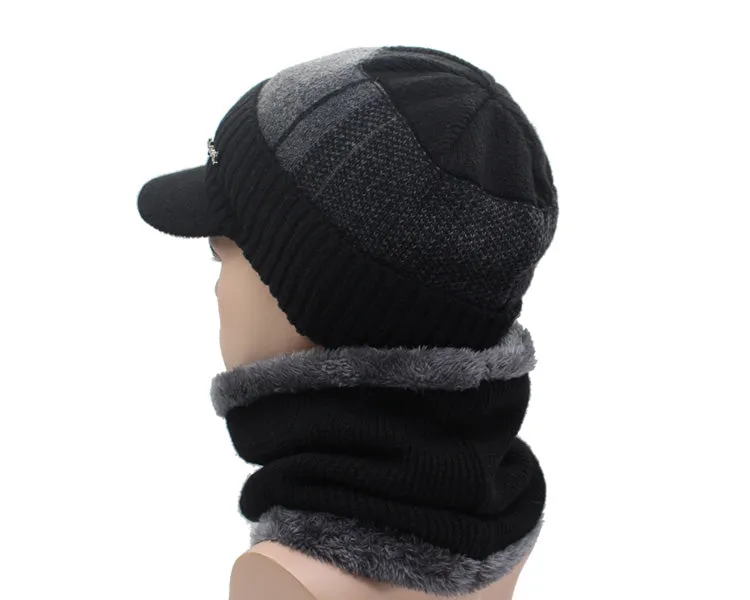 Winter Knitted Beanie Cap With Collar Scarf For Men - Black,Gray,Navy