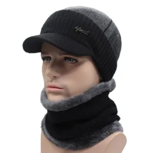 Winter Knitted Beanie Cap With Collar Scarf For Men - Black,Gray,Navy