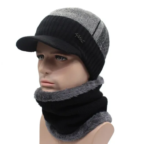 Winter Knitted Beanie Cap With Collar Scarf For Men - Black,Gray,Navy