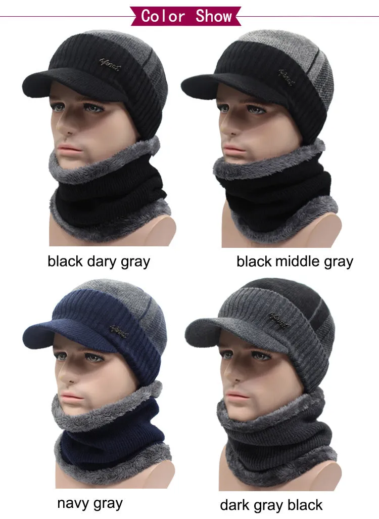 Winter Knitted Beanie Cap With Collar Scarf For Men - Black,Gray,Navy