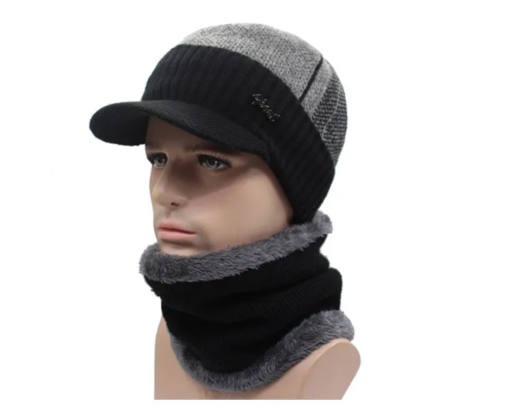 Winter Knitted Beanie Cap With Collar Scarf For Men - Black,Gray,Navy
