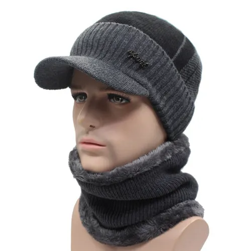 Winter Knitted Beanie Cap With Collar Scarf For Men - Black,Gray,Navy