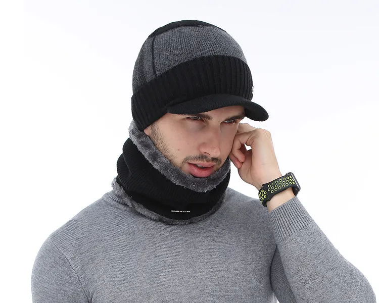 Winter Knitted Beanie Cap With Collar Scarf For Men - Black,Gray,Navy