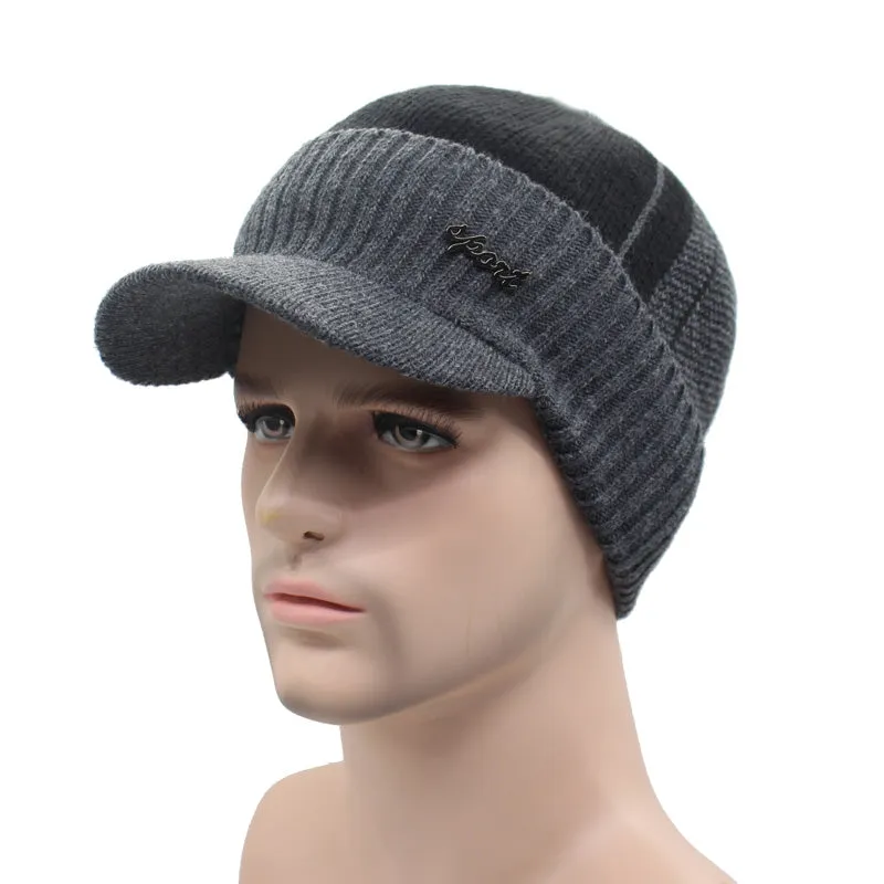 Winter Knitted Beanie Cap With Collar Scarf For Men - Black,Gray,Navy