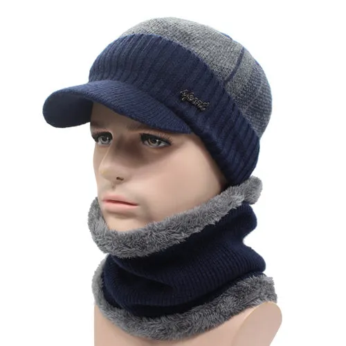 Winter Knitted Beanie Cap With Collar Scarf For Men - Black,Gray,Navy