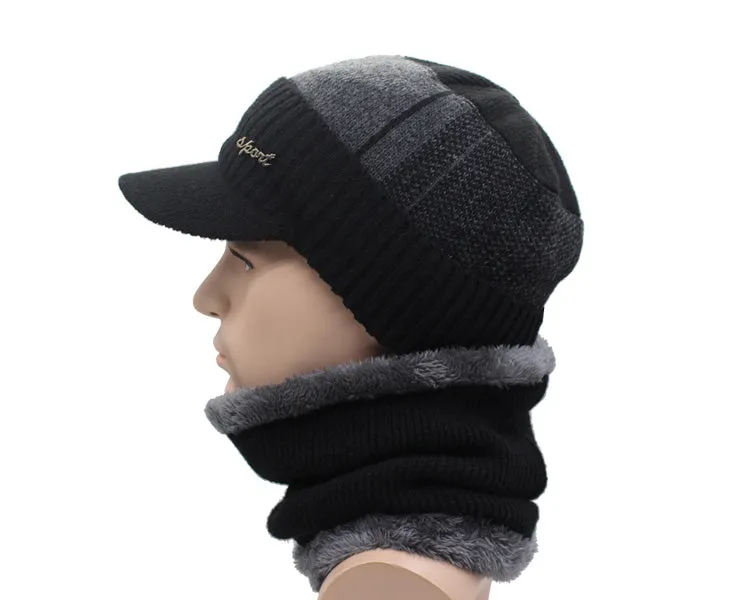 Winter Knitted Beanie Cap With Collar Scarf For Men - Black,Gray,Navy