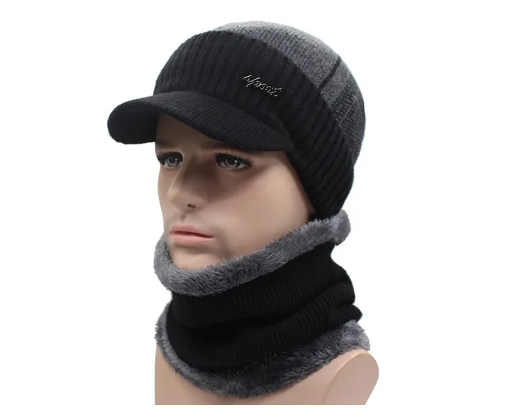 Winter Knitted Beanie Cap With Collar Scarf For Men - Black,Gray,Navy