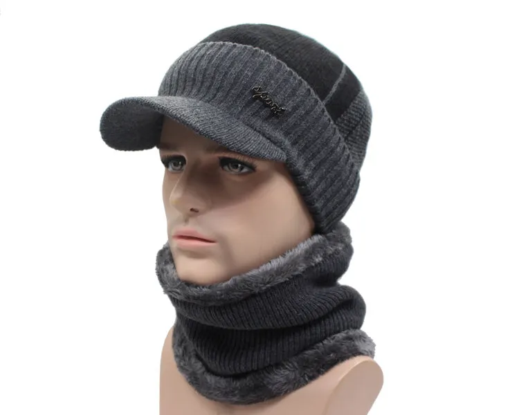 Winter Knitted Beanie Cap With Collar Scarf For Men - Black,Gray,Navy