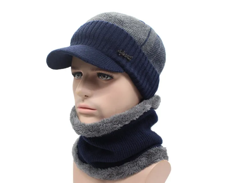 Winter Knitted Beanie Cap With Collar Scarf For Men - Black,Gray,Navy