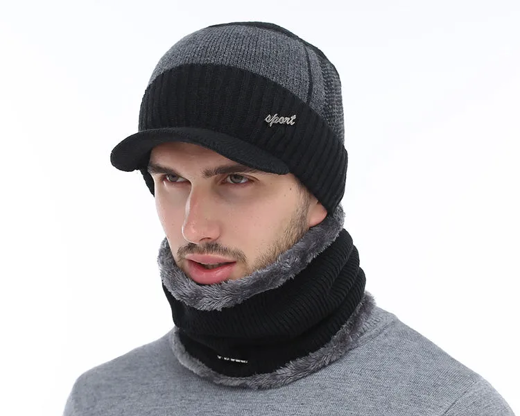 Winter Knitted Beanie Cap With Collar Scarf For Men - Black,Gray,Navy