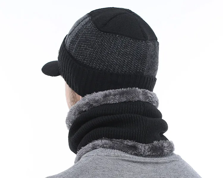 Winter Knitted Beanie Cap With Collar Scarf For Men - Black,Gray,Navy