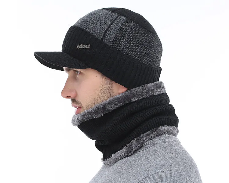 Winter Knitted Beanie Cap With Collar Scarf For Men - Black,Gray,Navy