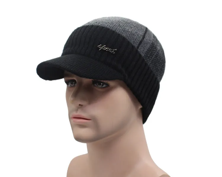 Winter Knitted Beanie Cap With Collar Scarf For Men - Black,Gray,Navy