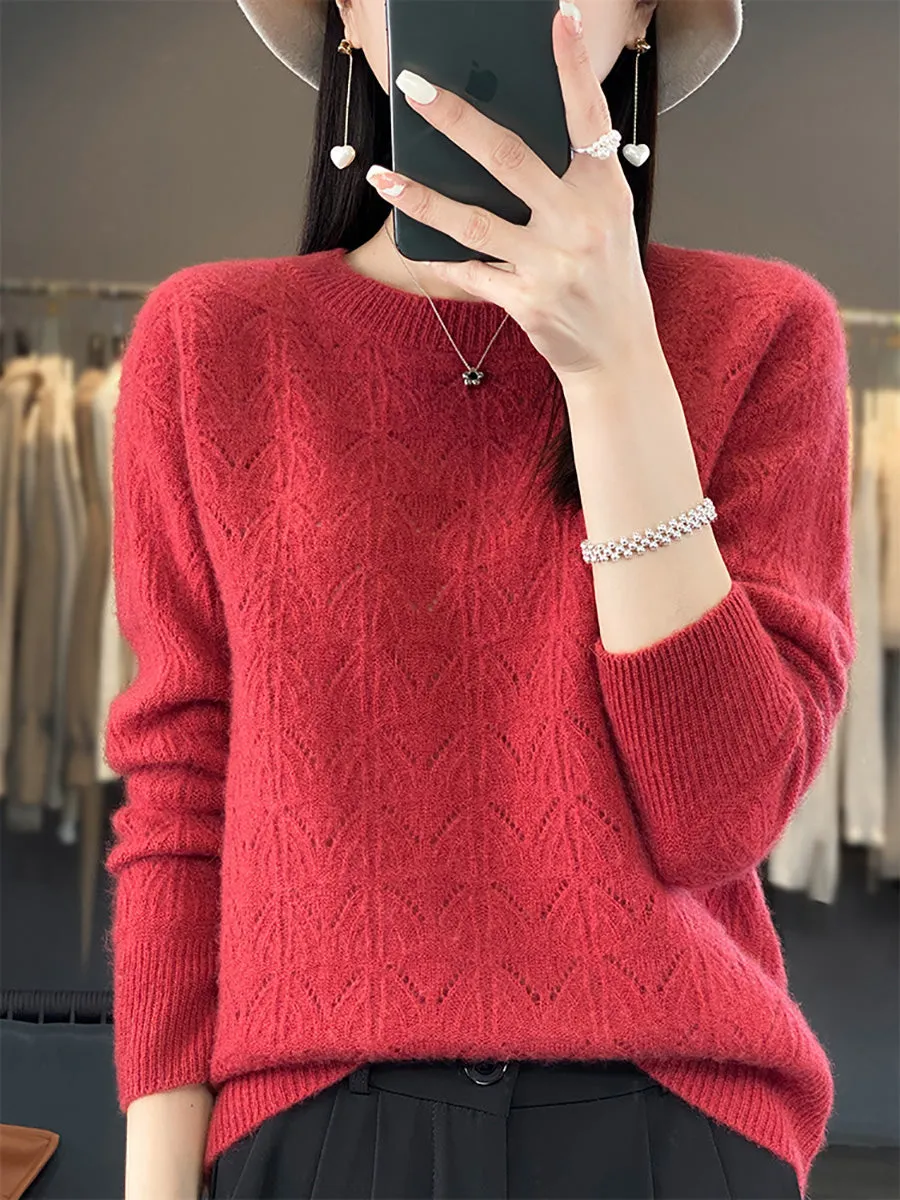 Women Autumn O-Neck Wool Hollow Out Knit Sweater