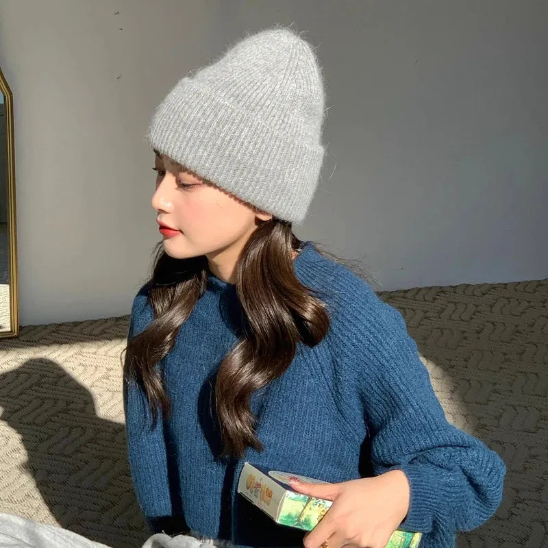 Women's Winter Knitted Beanie - Warm Cashmere Wool & Rabbit Fur Ski Hat